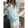 Camiseta Feminina com Gola V, Manga Curta e Borda de Floco de Neve Texturizada Estilo Coreano, Novo Estilo de Verão, Estilo Relaxado e Preguiçoso, Top Fino Versátil