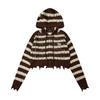 [Código de Descuento Gran Venta] Sudadera con Capucha y Cremallera Bloque de Color Rayado Corta de Cintura Alta Nueva para Mujer Otoño e Invierno Manga Larga Suéter de Punto