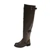 Botas altas de cuero suave para mujer, botas de cowboy vintage, nuevo estilo otoño e invierno 2026, con hebilla de cinturón, tacón grueso, botas de montar versátiles