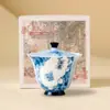 Conjunto de Chá Gaiwan Duas Peças Cor Azul Ink Gardenia Bêbado, Conjunto de Chá Kung Fu de Cerâmica para Uma Pessoa, Tigela de Chá Individual de Alto Valor para Preparar Chá