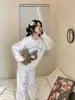 Pijama Tricotado Meio Veludo Rosa Doce com Estampa de Ursinho Desenho Animado para Mulheres, Conjunto de Loungewear Espesso Quente para Outono e Inverno