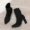 Botas Europeias Transfronteiriças Bico Fino Flyknit Elásticas Emagrecedoras Femininas 2026 Outono Tamanho Grande Salto Alto Meio da Panturrilha Moda Botas de Cano Curto Em Estoque
