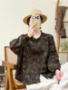 Camisa de manga larga para mujer Otoño 2026, camisa con cuello de volantes estampado de doble capa, top de camisa floral holgado y casual, estilo coreano