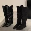 Botas Planas Lade Punta Puntiaguda Fruncidas Nuevas Aumentan Altura Interior 2026 Botas Largas Mujer Botas Largas de Gamuza Caqui Botas Altas Hermosas