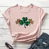 Novo Estilo Moda Feminina Europeia e Americana para Comércio Exterior, Camiseta Solta de Manga Curta com Estampa de Leopardo e Trevo para Comércio Exterior