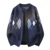 2026 Malha de Alta Qualidade Japonesa Geométrica Color Block com Zíper e Gola Alta Suéter de Marca Tendência Retrô