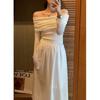 Vestido Branco Ombro a Ombro Feminino Outono Novo Estilo Francês Hora do Chá High-end Emagrecimento na Cintura Vestido de Manga Longa Tendência