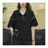 Camiseta de algodón de verano nueva, casual, holgada, con media cremallera, cuello alto, manga corta, para mujer, elegante y versátil, efecto adelgazante