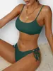 Nuevo Traje de Baño Bikini Deportivo de Color Sólido con Tirantes y Corte Dividido de Gama Alta Fruncido Espalda Descubierta Traje de Baño de Amazon Transfronterizo