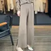 Pantalones Retro de Cintura Alta con Hebilla en el Tobillo 100% Lana para Mujer Pantalones de Punto Pierna Ancha Sueltos Divididos Rectos Versátiles Estilo Coreano
