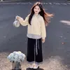 Conjunto de dos piezas para niñas en primavera y otoño: pantalones holgados de pierna ancha estilo coreano casual y sudadera holgada elegante de manga larga