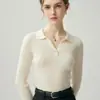 Suéter de caxemira outono e inverno novo peso pesado gola polo suéter feminino slim fit peça interna lapela camada de base canelado malha de manga comprida