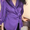 Estilo Maduro Ligero Principios de Primavera Top Morado Camisa de Tirantes con Cuello en V de Manga Larga para Mujer Diseño de Cintura Francesa Camisa Nicho