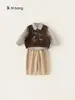 Roupa de Outono Youbao para Crianças: Conjunto de Três Peças para Meninos: Camisa Xadrez, Colete de Tricô com Desenho, Calça Casual