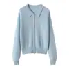 Casaco suéter feminino elegante de lã de cashmere com lapela para outono e inverno, cardigã de tricô com zíper, peça de outer wear da moda para mulheres