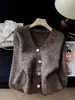 Cárdigan de punto azul de alta gama con cuello en V para mujer, otoño, nicho, casual, versátil, de corte holgado y adelgazante