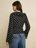 Top de Lunares Nuevo Transfronterizo Europeo y Americano Cuello en V Ceñido a la Cintura Retro Francés Suave Adelgazante Camisa de Manga Larga para Vacaciones