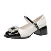 Sapatos Mary Jane de Salto Grosso Estilo Francês para Mulheres, Novo Modelo Primavera 2026, Design Color-Blocking Preto e Branco, Sapatos de Salto Alto com Strass