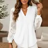 Moda Feminina Europeia e Americana Cruzada Nova Outono 2026: Camisa Casual Solta Elegante para o Dia a Dia Cor Sólida Renda Vazada