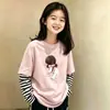 Camiseta de manga larga de algodón puro con retazos a rayas para niñas, versátil, para primavera y otoño, para niños mayores, estilo coreano, corte holgado, efecto dos piezas, moderna