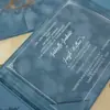 Invitación de Boda Personalizada de Lujo Ligero Azul Neblina de Terciopelo, Invitación de Acrílico Estampada en Oro, Invitación de Gama Alta de Nicho