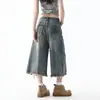 Jeans retos com design desfiado e rasgado estilo americano para mulheres, novas calças cropped largas vintage com efeito desgastado