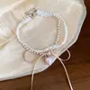Estilo Dulce Encaje Fresa Lazo Perla Collar Pendientes Lujo Ligero Sentido de Gama Alta Cadena para Clavícula Set de Joyería Versátil