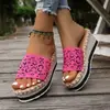 Sandalias de cuña de paja con tira ancha de estampado de leopardo transfronterizas para mujer, talla grande, comercio exterior, para uso exterior en verano, antideslizantes, de suela gruesa, para vacaciones y ocio