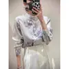 Nova Camisa Estilo Chinês com Botão, Gola Alta Vertical, Estampada, Manga Longa, Outono Novo, Elegante, Vintage, Jacquard, Top Estilo Chinês, Roupa Feminina