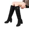 Botas Vaqueras Retro de Mujer 2025 Botas Nuevas Tacón Grueso Botas Altas de Montura Hebilla Cinturón Gamuza Elástica Pelo Botas