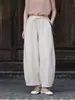 Pantalones de Ramio Cortos Artísticos Originales de Otoño, Pantalones Anchos de Algodón y Lino Lavados a la Arena con Cordón, Pantalones Rectos Holgados