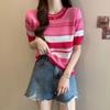 Estilo Transfronterizo Cuello Redondo Rayado Manga Corta Tejido Tops de Moda de Nuevo Estilo de Verano para Mujer Tops Pequeños Adelgazantes para Mujer