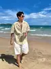 Camisa de manga corta plisada con cuello cubano, estilo "Old Money", diseño de fábrica "Tie-Dye Azul Hielo Seersucker" para hombre, corte holgado, camisa de moda