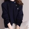 Solta meia gola alta botão camisola de malha para as mulheres outono e inverno Novo pulôver de manga comprida cor sólida plus size emagrecimento top curto