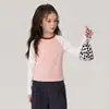 26 Camiseta de Algodão Puro com Manga Raglan para Crianças, Nova Blusa de Manga Longa de Outono para Meninas, Respirável, Elástica, Confortável Camiseta Básica