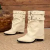 Botas de Pantalón de Pierna Ancha con Hebilla Metálica a Media Pantorrilla Moda Transfronteriza Talla Grande 2026 Otoño/Invierno Nuevo Llegada Punta Cuadrada Tacón Cuadrado Botas para Mujer En Stock