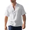 Camisa masculina casual de verão europeia e americana, folgada, gola alta casual masculina, abotoada, linho, manga curta, cor sólida, plus size