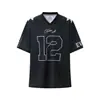 Marca Tendência de Nicho da Coreia do Sul Retrô Americano Gola V Patchwork Estampada com Letras Manga Curta Camiseta Malha Digital Camisa Esportiva