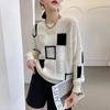 Estação Europeia Cor Combinando Suéter xadrez Top Outono Novo Loose Retro Round Neck Sweater Mulheres All-match Base Shirt