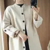 Nuevo abrigo de lana de cuello redondo para otoño e invierno para mujer, abrigo de cachemir de doble cara abotonado, abrigo de lana de longitud media con mangas vueltas