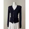 Cárdigan de punto negro estilo francés con cuello en V de un solo botón, suéter base suave de punto ajustado para mujer de principios de otoño