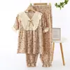 Nuevo algodón crepé de verano estilo retro jardín de rosas pantalón corto de manga corta suave cómodo transpirable cuello redondo jersey manga corta largo