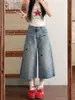 Calça Jeans Cropped Wide-Leg Bordada Vintage Feita Sob Medida de Fábrica para Mulheres, Verão Fina de Caimento Solto, Estilo Reto Emagrecedor