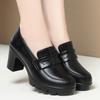 Sapatos de Salto Alto para Mulheres 2025 Novos Sapatos de Couro de Primavera e Outono Versátil Sapato Único Decotado Confortável Plataforma Impermeável de Sola Grossa Salto Bloco Sapatos Femininos