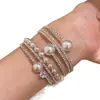 Cuentas Plateadas Brillantes, Pulsera Abierta Multicapa con Perlas Incrustadas de Diamantes Estilo Europeo y Americano, Pulsera de Lujo Ligero de Alta Gama, Joyería de Mano Retro Francesa