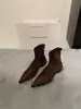 Botines de Gamuza Francesa Puntiagudos con Tacón Grueso para Mujer, Estilo Nuevo Otoño/Invierno, Cremallera Trasera, Tacón Bajo, Botines de Tobillo Descubierto, Botines Elásticos Ajustados tipo Calcetín para Mujer