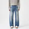 Calça jeans masculina rasgada estilo americano, corte reto clanfit, novo modelo outono/inverno, simples básica versátil azul médio