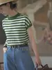 Camiseta listrada de manga curta em puro algodão francês para mulheres, novo estilo de verão, solta, que rejuvenesce, casual, temperamento fashion, top de tricô, moderno