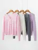 Suave cárdigan de cachemira para mujer, cuello en V, ribete de encaje, suéter de punto calado, nuevo abrigo suéter versátil de otoño/invierno