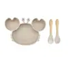 Juego de Alimentación de Silicona para Bebé de 4 Piezas, Plato con Ventosa de Cangrejo, Babero, Cuchara y Tenedor de Madera, Autoalimentación para Niños Pequeños